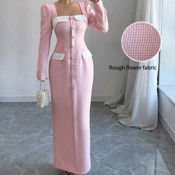 Dresses & Skirts - Women's Woven Contrast Color Tweed Square Neck Diamond Button Fitted Dress